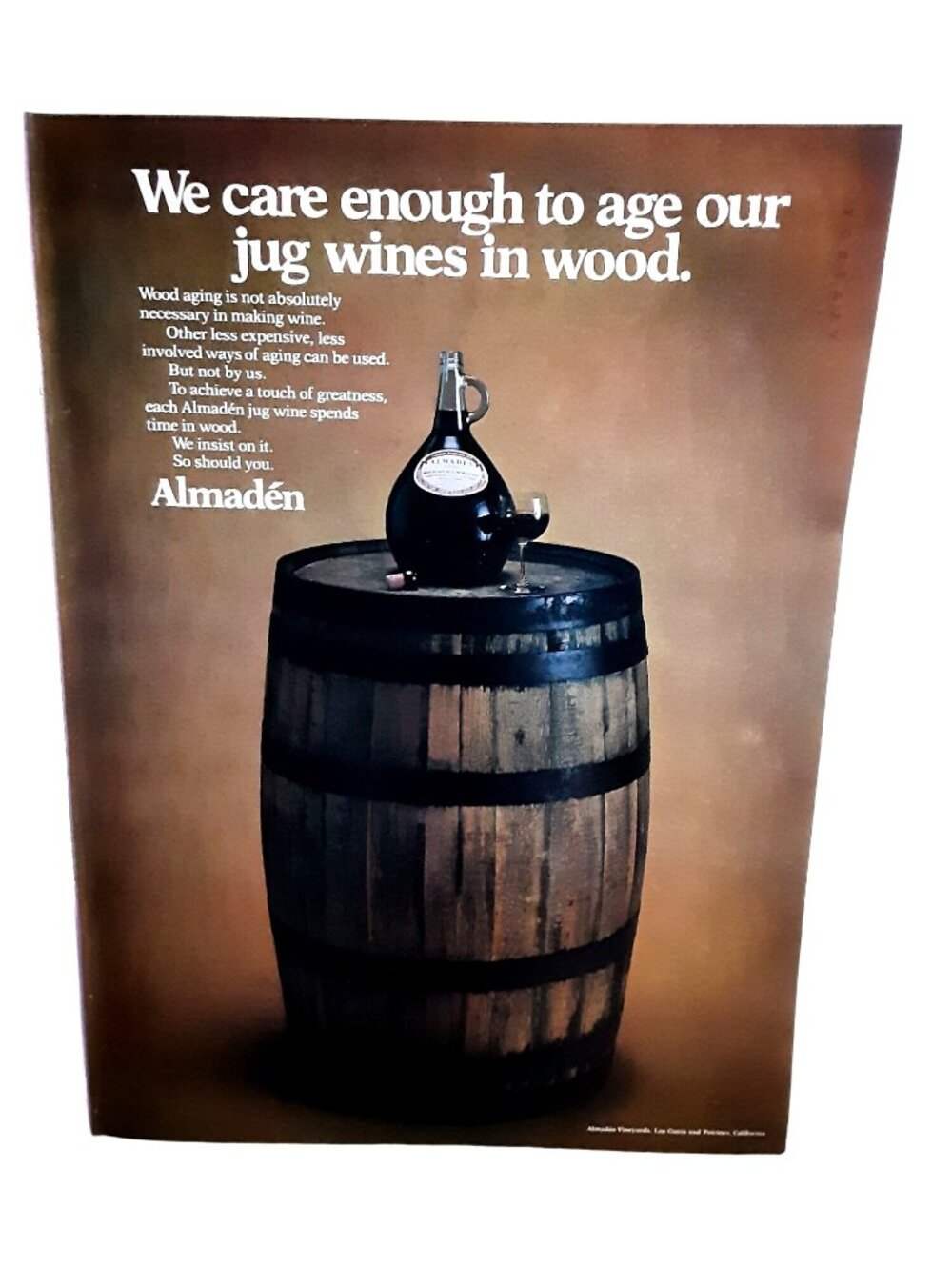1975 Almaden Jug Wine Vintage Advertisement Rustic Barrel Winery Wall Decor